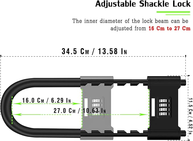 4 Digit Combination Padlock,Heavy Duty Anti Theft U-Shape Security Code Lock with Adjustable Shackle,for Bicycles, E-Bike,Mountain Bike,Glass Door,Gates,Shed, Fence [ Adjustable Range 160-270mm]