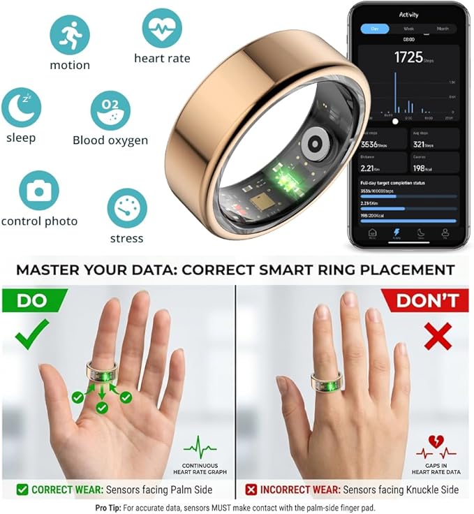 COLMI R02 Smart Ring, Smart Ring for Women and Men, No Subscription Fee, with a Charging Case, Supports Heart Rate, Blood Oxygen, Sleep Health Monitoring. (Rose Gold, 8#)