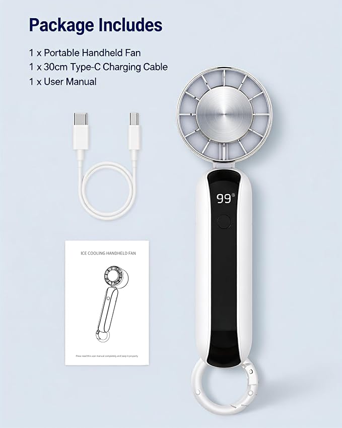Portable Handheld Fan with Ice Cooling, 3 Speed Dual Turbo Fan, 3000mAh Rechargeable Battery, LED Digital Display, Personal Cooling Fan for Travel Commute Office Outdoor(F23)