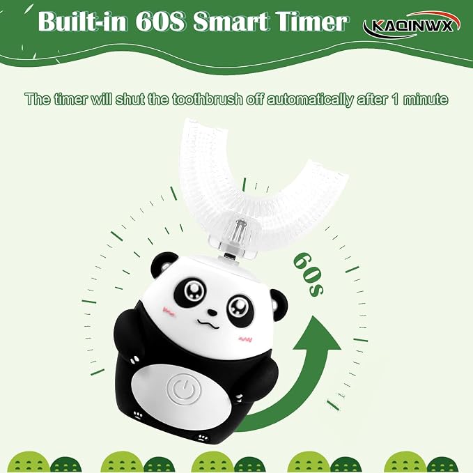 Kids U Shaped Electric Toothbrush for Age 2-12, Rechargeable Toddler Toothbrush with 60S Smart Timer, Panda Design, IPX7 Waterproof & 360°Cleaning,Develop Kids' Brushing Habits