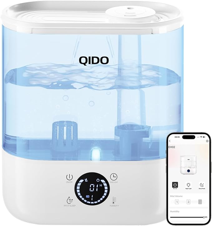 QIDO Top Fill Humidifiers for Bedroom, 5 L Cool Mist 36H Super Long Time, Quiet 28dB Essential Oil Diffuser for Baby & Plants, 3 adjustable Mist with Touch/APP/7-color Nightlight, White
