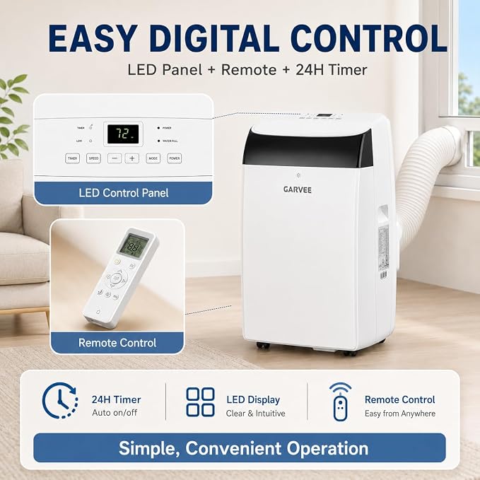 14000 BTU Portable Air Conditioners for Rooms up to 750 Sq. Ft, 3-in-1 AC Unit with Cooling, Dehumidifier & Fan, Energy-Saving, Remote, 24-Hour Timer& Window Kit, for Bedroom, Office, Dorm
