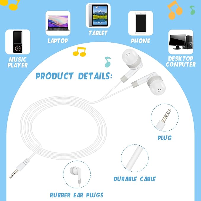 Kigeli 100 Pcs Kids Bulk Earbud Headphones for Classroom Student Wired Headphones in-Ear Earbud 3.5 mm Disposable Earphones Set for Kids Adult Class School Library Laptop (Black, Grey)