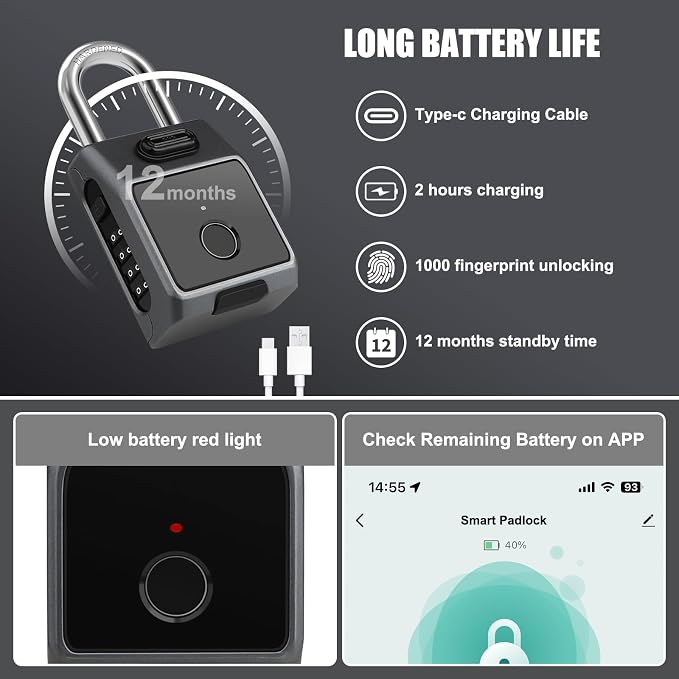 Large Fingerprint Padlock, 4 Digit Combination Lock, Diyife Outdoor Smart Weatherproof Lock with Fingerprint/Password/APP Unlock (2 in 1), USB Rechargeable, Suitable for Door, Garage, Fence, Basement
