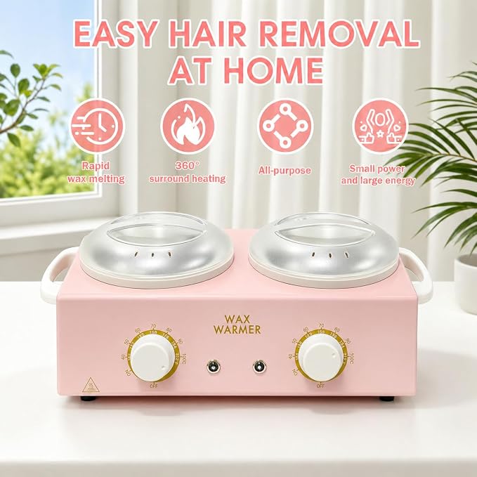 Wax Warmer for Hair Removal, Dual Pot Wax Melter Machine with Silicone Bowls & 20 Wooden Sticks, Adjustable Temperature Pink Wax Heater for Home Spa & Salon Use