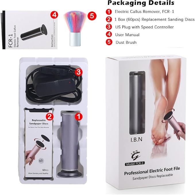 Electric Callus Remover for Feet With Adjustable Speed and 60PCS Sanding Discs - Powerful Foot File, Pedicure Tools, Feet Scrubber, Dead Skin Grinder, Gray