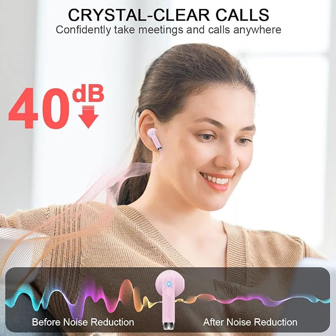 Wireless Earbuds, Bluetooth Headphones, Stereo Bass Ear Buds with ENC Noise Cancelling Mics,42H Bluetooth Earbuds with LED Display Charging Case, IP7 Waterproof Earphones for Android iOS/Light pink