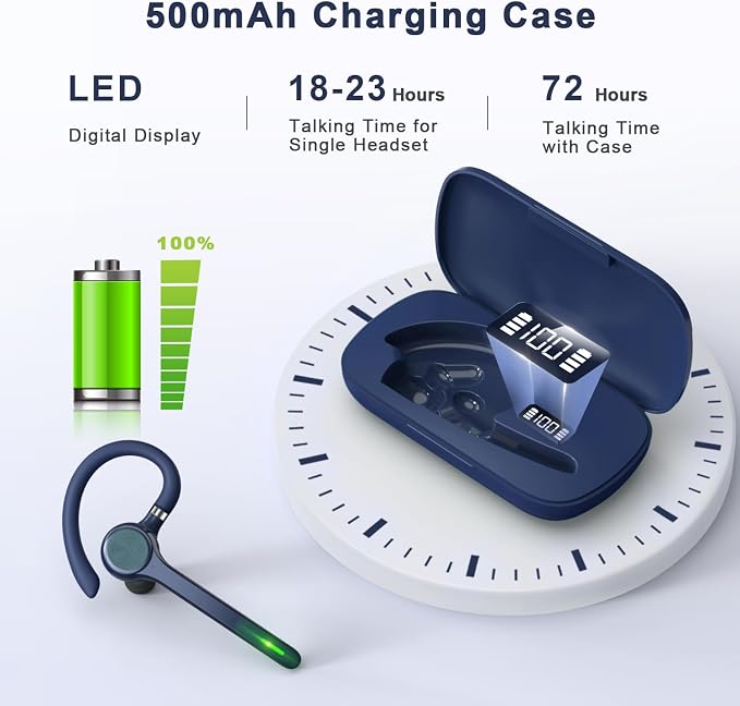 HEIBAS Bluetooth Headset, Wireless Bluetooth Earpiece with 500mAh Charging Case 72 Hours Talking Time Built-in Microphone for iOS Android Cell Phone, Hand-Free Headphones for Trucker, Office-Blue
