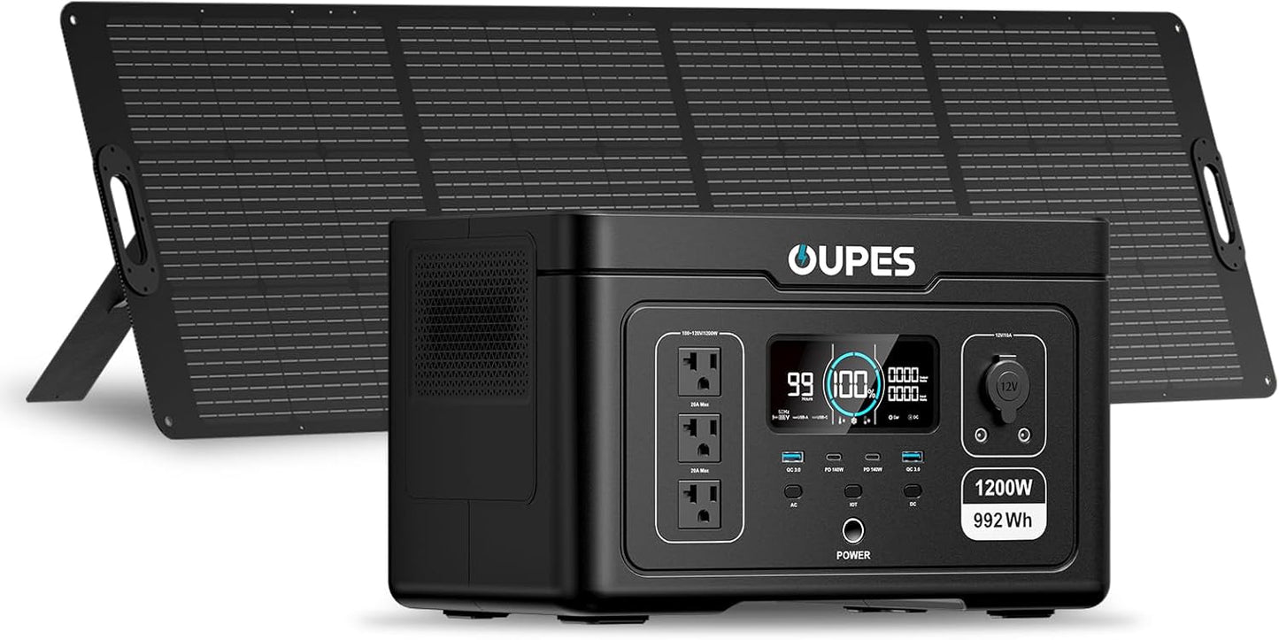 OUPES Exodus 1200 Solar Generator with 240W Panels Included, – 992Wh 1200W LiFePO4 Battery Power Station with Dual PD 140W Type-C, Smart App Control, UPS, Ideal for Camping, RV, Home Emergency