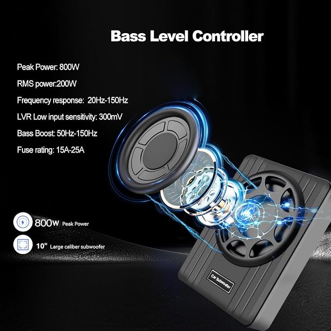 litillbuly 10 Inch Car Subwoofer,Slim Under Seat Car Subwoofer Powered, High/Low Level Input, Car/Truck Car Audio Subwoofer Sub Built in Amplifier 800W