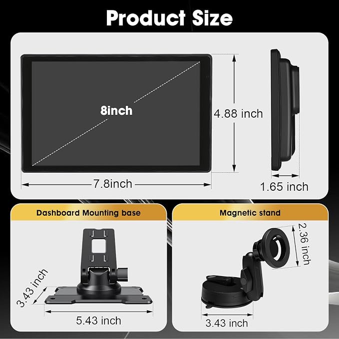 8'' Wireless Carplay Screen for Car, Portable Apple Car Play & Android Auto Car Stereo HD Touchscreen, Vertical/Horizontal Mode, Magnetic Mount, 5.0G WiFi, Voice Control & GPS Navigation