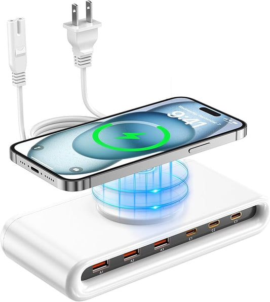 USB C Charging Station with 10W Wireless Charger, 145W USB C Charger Block with with 5FT Extension Cord, 7-in-1 Multi USB Charging Station for Home Office