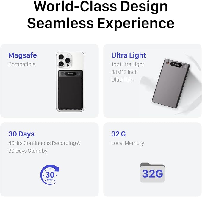 AI Voice Recorder for Phone Calls, Meetings & Lectures | Smart AI Note-Taking Device with Dedicated App for Transcription, Summary & Notes | Magnetic Case, 32GB (Up to 2000 Hours) | PDF Summary