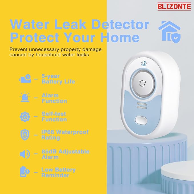 Water Leak Detector 3 Pack, 5-Year Battery Life, Water Alarm with Low Battery Warning, 100dB Loud Sound and Self-Test Function, IP66 Waterproof for Home Basement Kitchen(Not Support Wi-Fi)