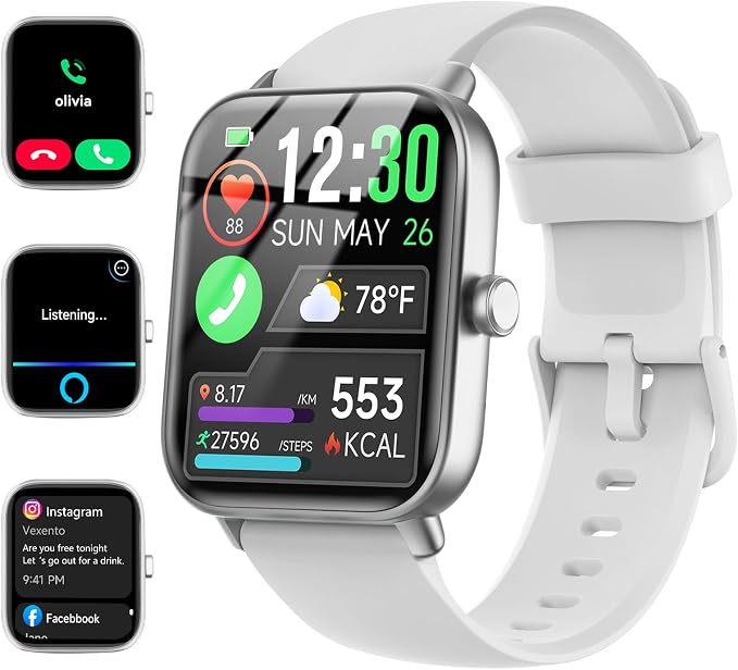 Quican Smart Watch for Women Men, Compatible for iPhone and Android Phones | 1.8" Fitness Tracker Watches, Alexa Built-in, Waterproof /Bluetooth Calling, Heart Rate/Sleep Monitor, Perfect Smart Gift