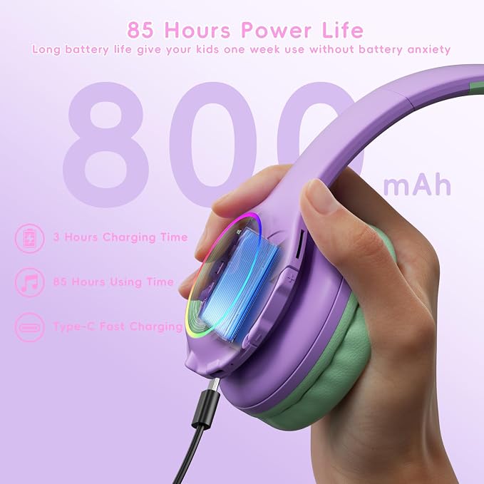 Candy Bila Kids Bluetooth 6.0 Headphones with LED Light, 85Hours Playtimes, Type-C Fast Charging, 85/94dB Volume Limited, Comfort Headphones with Built-in Mic, Wired & TF Card Mode,Green and Purple