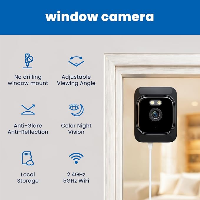 2K Indoor Window Camera with Adjustable Mount, No Drill Window Security Camera, Anti-Glare Glass Design, Night Vision, Local Storage, Easy Install Camera for Indoor Monitoring Outdoor (2 pack)