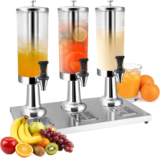 Hot and Cold Beverage Dispenser with Stand, 2.38 Gallon All-in-One Commercial Drink Dispenser with Ice Core&Stainless Steel Drip Trays for Parties, Beer Bar, Coffee (3 Head-2.38 GAL, SILVER)