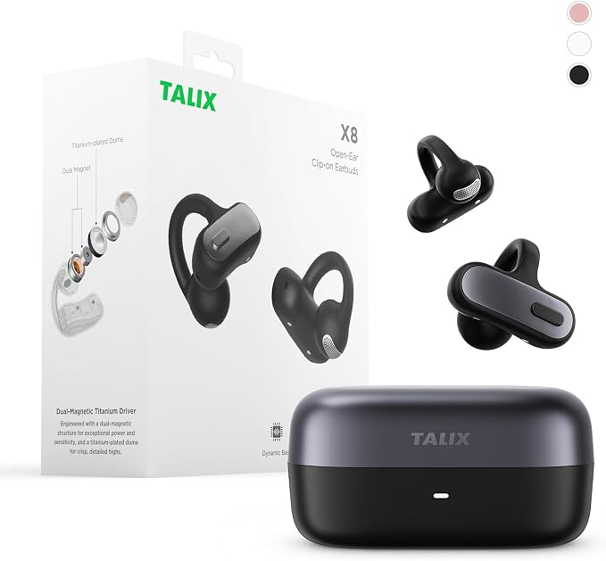 TALIX Open Ear Clip-On Earbuds X8 with AI ENC & Powerful Bass, Wireless Bluetooth 6.0, IPX4 Sweatproof Fitness Headphones, Physical Buttons, 5g Lightweight Ear Buds with Multi-Device Switching, Black
