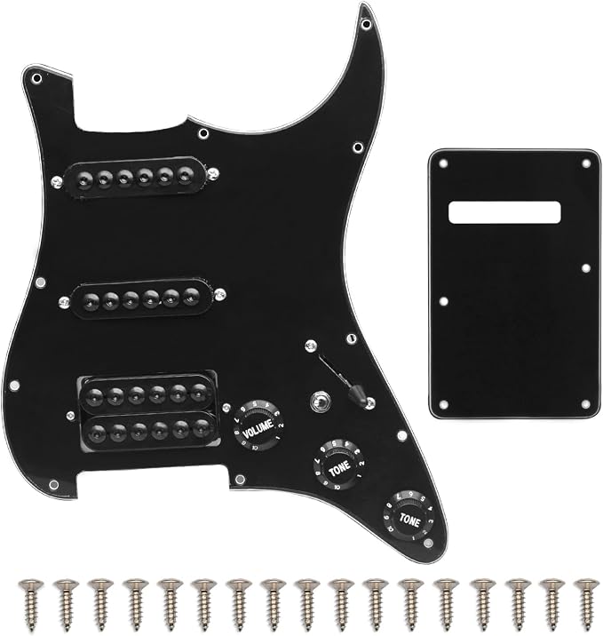 SAPHUE Prewired ST Pickguard Coil Pickups Adjustable Big Screws Loaded Electric Guitar Pickguard for Fender Strandard Straocaster Guitar Parts (SSH,Black)