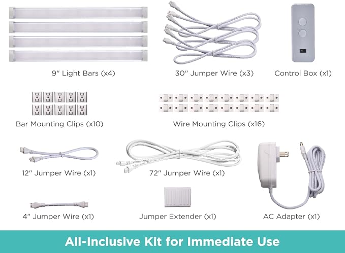 PureOptics LED Under Cabinet Light Kit, Motion Sensor, Dimmable, Linkable, 3 Color Settings, Tool-Free, for Kitchen, Cabinets and Closets, (4) 9" Bars