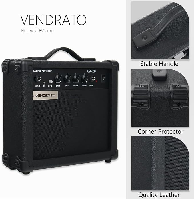 Electric Guitar Amplifier 20w amp Black Color gain bass Treble 3.5mm aux in Drive 6.5mm Guitar Input Headphone Portable for Beginner Starter Practice Travel amp noiseless Cable Pick and Adapter in