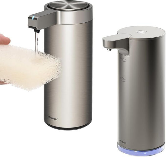 Mooas Metal Automatic Soap Dispenser Bundle– Liquid & Foaming Touchless Automatic Soap Dispensers, Stainless Steel, Rechargeable, Adjustable Levels, IPX5 Waterproof for Bathroom & Kitchen