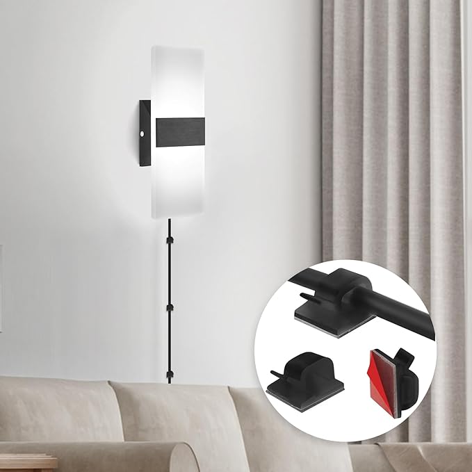 GOODATE Plug in Wall Sconce with Stepless Adjustable 3000K-6500K Colors and 10%-100% Brightness, 12W Acrylic LED Wall Light with Remote, Hardwire or Plug-in (1 Pack, Black)