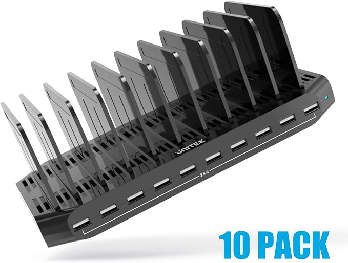 【10PCS】 Unitek Multi Charging Station, 10-Port USB Charger for Multiple Device with SmartIC Tech and Adjustable Dividers, Organizer Stand Compatible with iPad, Tablet, Kindle, iPhone - 10PCS, Black