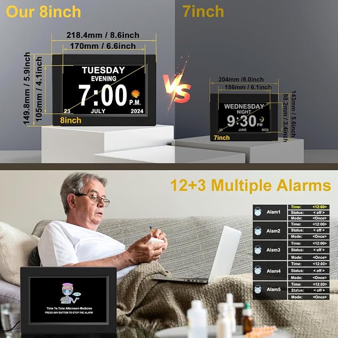 CAZOKASI 8inch Extra Large Impaired Vision Digital Alarm Clock with Day and Time for Elderly Calendar Clock No Battery Plug-in Power Outage Memory DST Auto Dimmable Clock