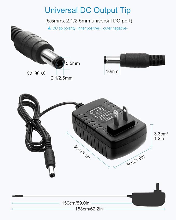 ALITOVE 5V 3A Power Supply Adapter Converter Cord 5.5mm x 2.5mm 2.1mm Plug AC 100V~240V to DC 5 Volt 3000mA 2500mA 15W for WS2812B WS2811 LED Pixel Light CCTV Camera USB-HUB Wireless Router (2 Pack)