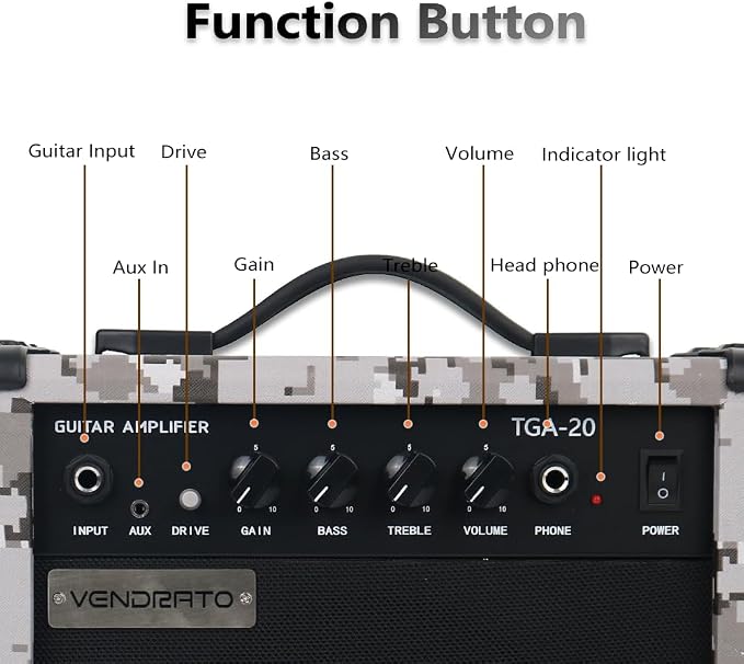Electric Guitar Amplifier 20 Watt Amp Grey Camo Pixel Speaker Input Jack Aux Drive Gain Bass Treble Volume Headphone Multi Function Suitable for Beginner Starter Practice