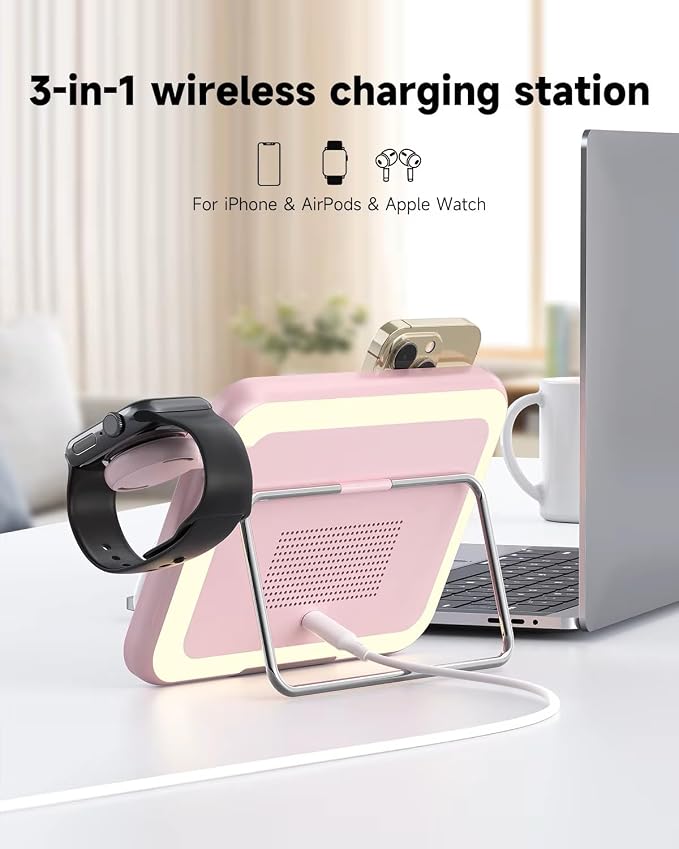 Tron 3 in 1 Qi Wireless Charger Mirror, Pink, Include led 6 ft Led Cable and 25w Power Adapter. Pink Color