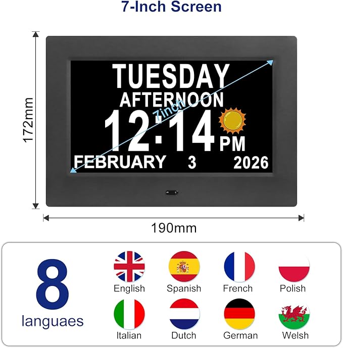 KASTISS Dementia Digital Clock for Seniors 7" Large Display Clock with Day and Date for Elderly Easy to Use 15 Alarms 5 Colors Auto Dimmable Alarm Clock for Bedroom Classroom Senior Gifts (Black)