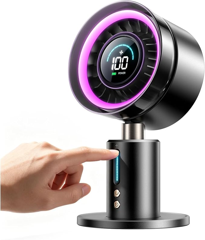 KIMMOO USB Rechargable Desk Fan, 2-in-1 Turbo Table Fan with 5-Color Light, 180° Oscillating,100 Speeds, 6000mAh Battery, LED Display, Quiet Portable Desktop Fan for Bedroom/Office/Dorm/Home (Black)
