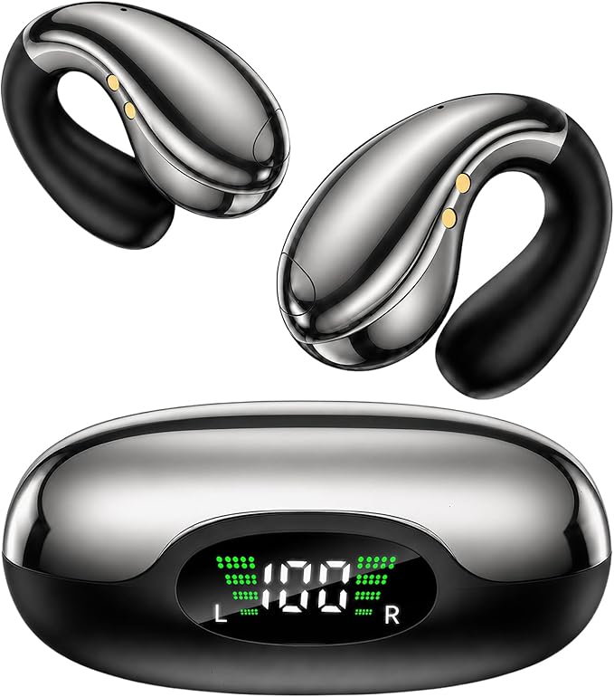 Boytond Ultra Open Ear Earbuds, Comfort Clip On Earbuds, Wireless Bone Conduction Headphones with Bluetooth 5.3, Fast Charging Fast Charging for Running, Sports, and Travel, Glaze Black
