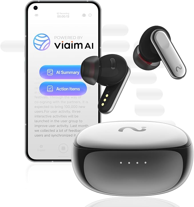 Nano+ AI Voice Recorder Earbuds: Pocket Note Taker for Meetings, Calls & Lectures. Real-time Transcription, 45dB Hybrid ANC, AI Assistant for Productivity, AES-256 Secure, Silver