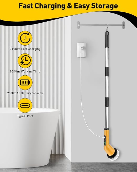 Electric Spin Scrubber for Cleaning Bathroom, Shower Scrubber Cordless Cleaning Brush with IPX7 Waterproof & 2 Speed, 3 Floor Machine Pads, Bathroom Cleaning Supplies for Shower Tub Yellow