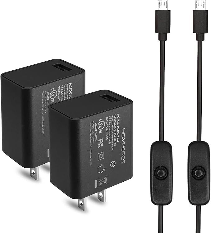 UL-Listed 5V3A Power Supply with Switch 2.5A 2A 1.5A 1A Fast Rapid Charge AC Adapter w/ 1.5m Extra Long On Off Power Switch Micro USB Cable for Raspberry Pi 3 Model B/B+ Plus (2 Pack)