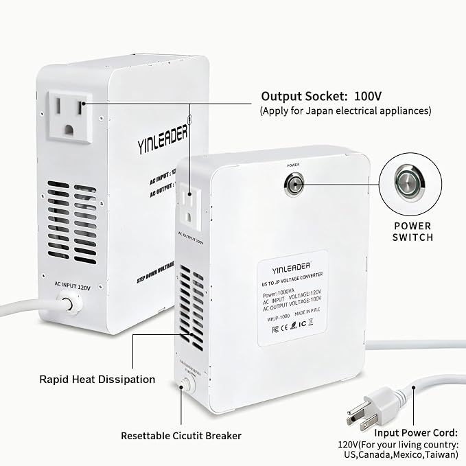 Yinleader 1000W US 120V to 100V JP Japan Voltage Converter Step Down Transformer Ideal for Japanese Turntable/Rice Cooker/Mochi Maker/Player/Cassette Deck/Heater/dehumidifier, etc.(White)