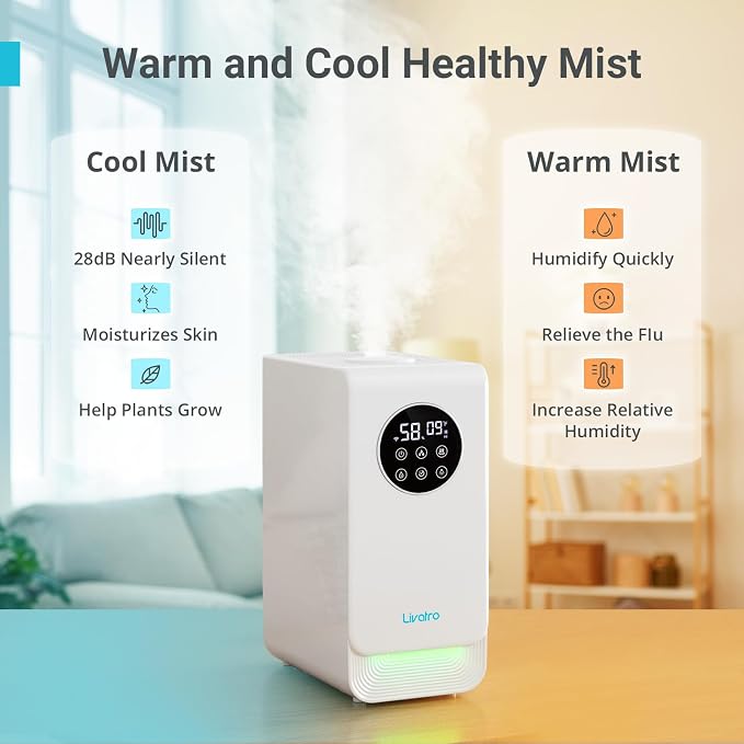 Livatro 6L Smart Humidifier for Large Room, Warm & Cool Mist with Top Fill Design, Alexa & App Control, Essential Oil Compatible, Ideal for Bedroom and Plants