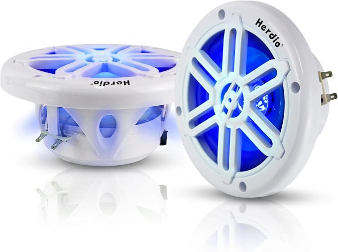 Herdio 5.25" 250W Marine Speakers - IP66 Waterproof Coaxial Audio, with Blue LED Light for Boats, ATVs, UTVs with UV Resistant White Grille (A Pair)