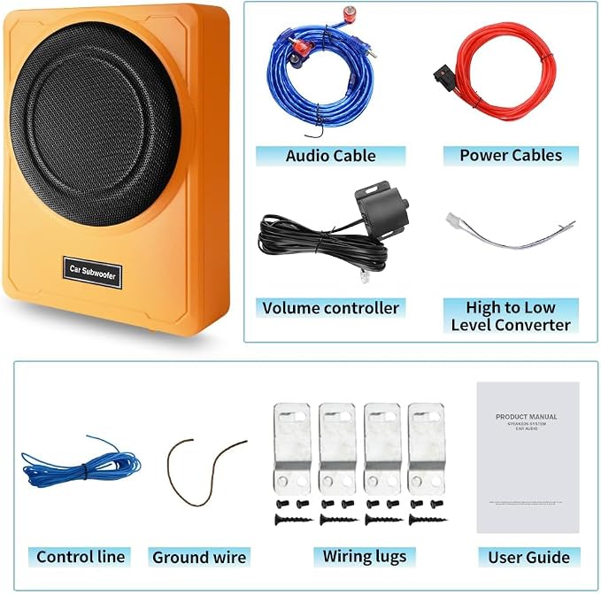 Junsun Slim Under-Seat 10″ 800W Powered Car/Truck Subwoofer & Amp Combo – 220W RMS, Built-in Amplifier, High/Low Input, with Wire Mounting Kit (Vibrant Orange)