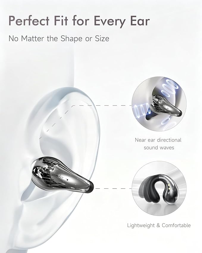 Upgraded Clip-on Ear Earbuds, Bluetooth 6.1 Wireless Open Ear Headphones, Comfortable Fit with Crystal Clear Sound, 50-Hour Battery Life, Open-Ear Wireless Headphones for Gym & Outdoor Sports, Black