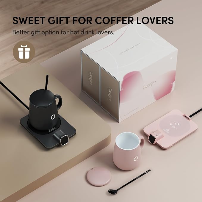 2Pcs Heated Coffee Mug Warmer & IKAGO Mug Set - Heated Mug Warmer Plates with Auto Shut Off, 1°F Precise Electric Coffee Warmer Plates for Desk, Valentine's Day Gift for Couple, Black and Pink