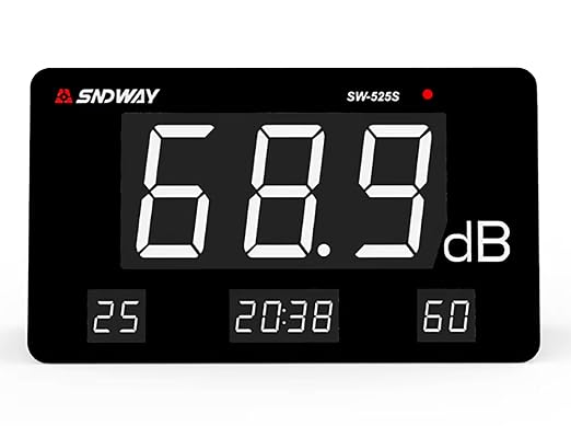 SW-525S 30-130dB Digital Meter Desktop Sound Level Meter with 6 inch LCD Display Meter Decibel Noise Time Temperature Humidity Meter for Classroom, Studio, Factory,Concert Hall