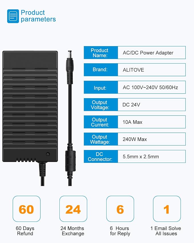 ALITOVE DC 24V 10A Power Supply AC Adapter 100-240V 50-60hz to 24 Volt Power Supply DC 10Amp 240W AC Power Adapter 5.5 x 2.1mm 2.5mm Barrel Plug for LED Strip CCTV Camera 3D Printer Massage Chair