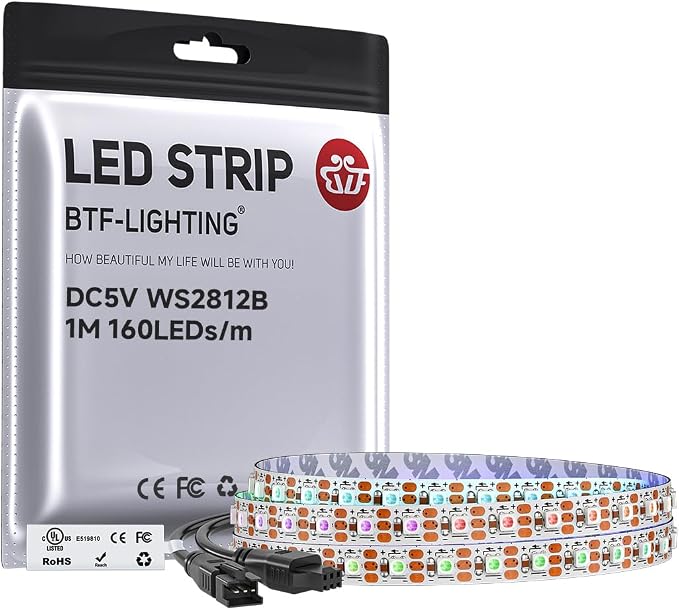 BTF-LIGHTING WS2812B IC RGB 5mm Ultra Narrow LED Strip 2020SMD DC5V Individually Addressable 3.2FT 160Pixels/m 160LED Dream Color Tape Light for Home DIY Decoration IP30 (No Adapter or Controller)