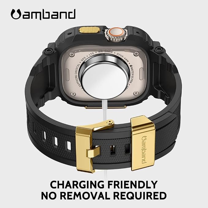 amBand Compatible with Apple Watch Ultra 3/2/1 Bands for Men, M1 Sport Series Heavy Duty Case Tactical Strap and Screen Protector, Protective Cover Fits iWatch Ultra Bands for Men 49mm - Black Gold