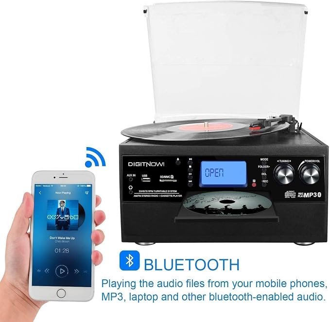 DIGITNOW 9-in-1 Record Player with Stereo Speaker, 3-Speed Turntable for Vinyl, CD/Cassette Player, Bluetooth, USB/SD Playback, AM/FM Radio, Aux-in, Remote Control (Black)